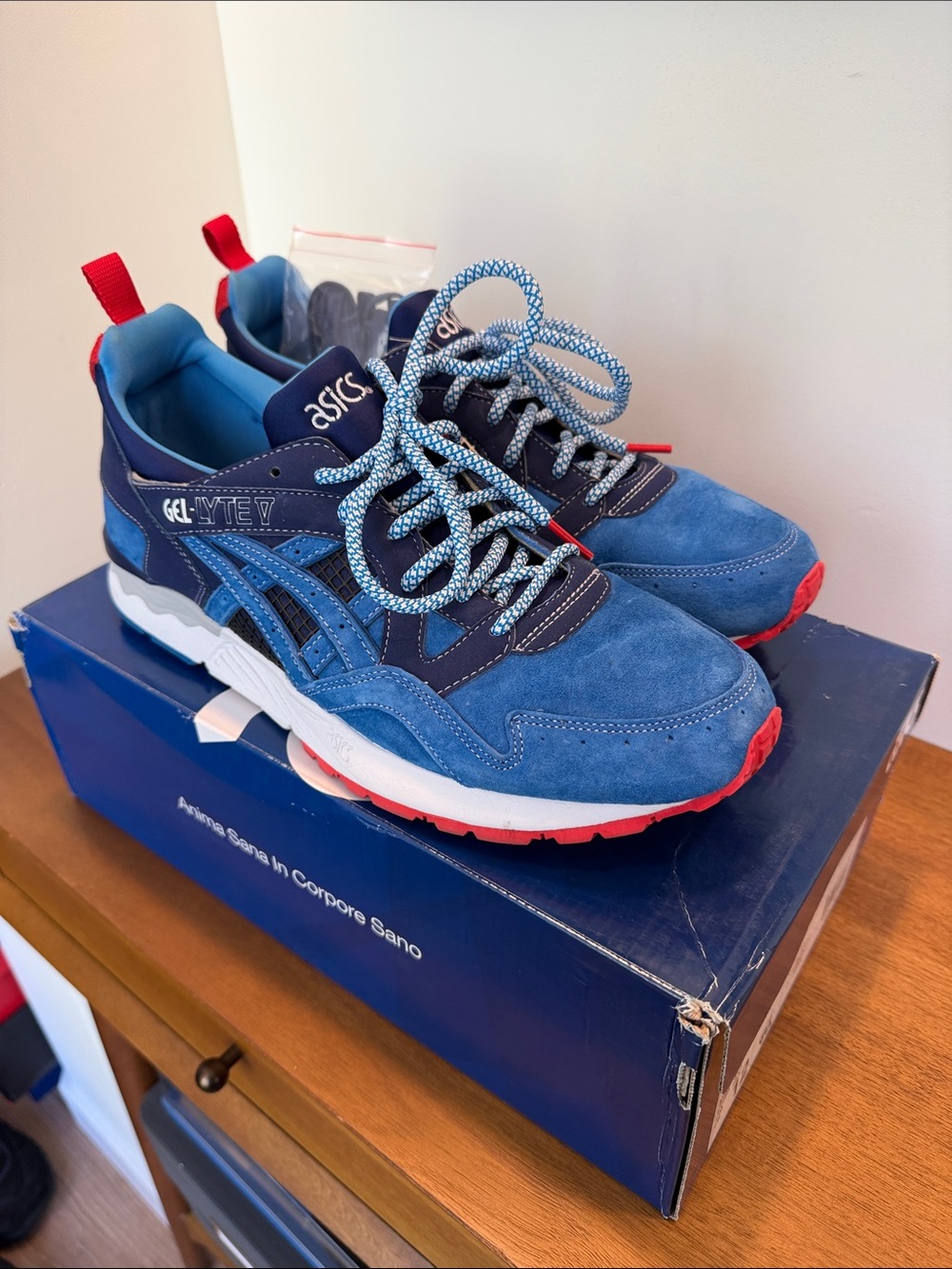 mita x ASICS Men’s Blue and Red GEL-LYTE V “Trico” Suede Athletic Sneakers